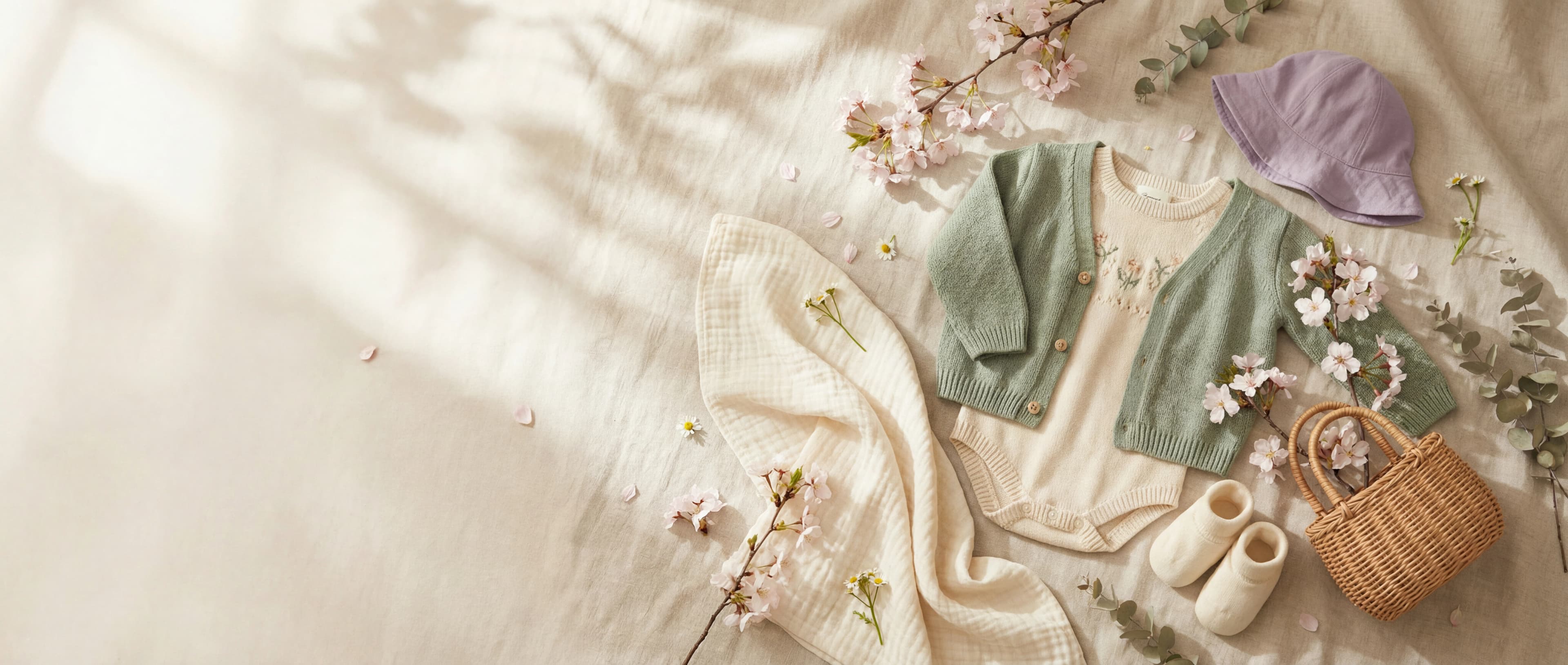 Dreamy minimalist nursery with soft morning light, organic cotton bedding in blush and cream tones